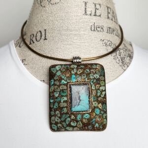 Silver & Gold Mosaic Turquoise Statement Necklace